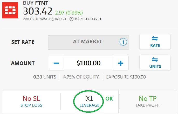 Esempio di un ordine di investimento senza leva (X1)